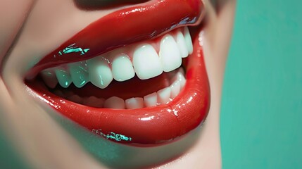 Close-up of a bright red lipstick smile showing white teeth against a turquoise background. Perfect for dental care and beauty themes.