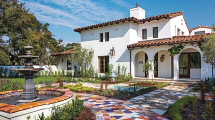 Elegant suburban farmhouse with a white stucco exterior and Spanish tile roof, featuring a colorful tiled pathway and a small fountain