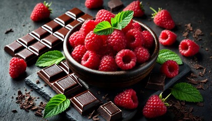 Wall Mural - Fresh Raspberries with Dark Chocolate on a Rustic Slate Surface - AI generated digital art