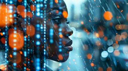 Black African American female IT specialist studying data for digital technology.ai, artificial intelligence cyber security idea.