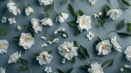 Wall Mural - White Flowers Composition on Gray Background Top Down View