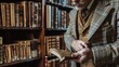 © Damerfie - A person examines an old book attentively in a classic library, surrounded by rows of antique books, creating a nostalgic and scholarly environment for literary enthusiasts.