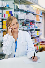 Canvas Print - Woman, pharmacy and mobile with writing for medical job or healthcare, discussion for medicine or stock. Female pharmacist, drug store and communication with phone call for telehealth or advice