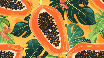 Wall Mural - Background image of ripe papaya fruit with a playful design