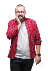 Poster - Young caucasian hipster man wearing glasses over isolated background touching mouth with hand with painful expression because of toothache or dental illness on teeth. Dentist concept.