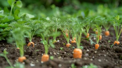 Wall Mural - Tiny carrot sprouts emerge from the earth, reaching for sunlight in a vegetable garden.