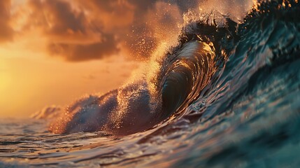 rough colored ocean wave falling down at sunset time