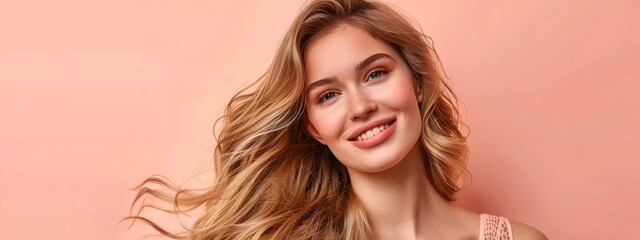 Photo of pretty woman with long blonde hair smiling, on pastel peach background, copy space concept for beauty and spa advertising banner or card template