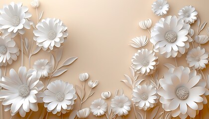 White flowers in 3D paper art on beige background with text space, top view. Light and clean look.