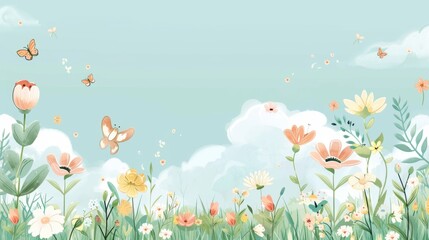 Wall Mural - Enchanting Spring Meadow with Butterflies and Blooms Wallpaper