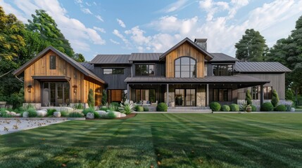 Modern farmhouse exterior with a blend of traditional wood and modern metal materials, featuring a landscaped front lawn