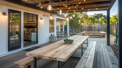 suburban farmhouse with a spacious outdoor dining area, featuring a long wooden table, benches, and a string of Edison bulbs hanging overhead