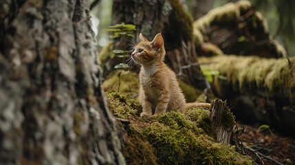 Wall Mural - A kitten amidst ancient cedars