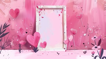 Wall Mural - A decorative pink frame surrounded by hearts and floral elements, on a pink abstract background. Suitable for designs centered around love, affection, and celebration.