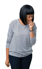 Sticker - Beautiful young african american woman wearing stripes sweater over isolated background feeling unwell and coughing as symptom for cold or bronchitis. Healthcare concept.