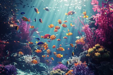 Wall Mural - Peaceful underwater scene with fish, deep ocean shot of vibrant coral reef and tropical fish