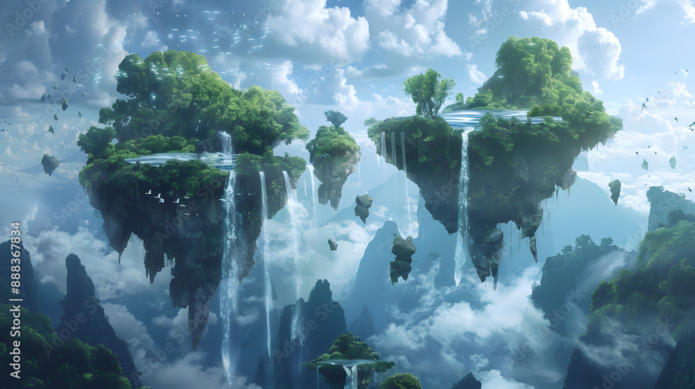 Floating islands with lush greenery and cascading waterfalls in surreal ...