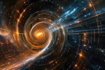Fototapete - Swirling cosmic black hole, depiction of special relativity, emphasizing time dilation and length contraction