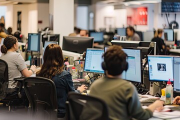 Wall Mural - Busy office space, working professionals, diverse newsroom buzzing with activity, journalists collaborating to inform the world