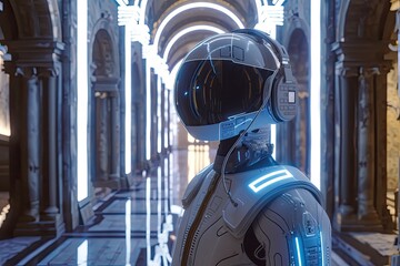 Poster - Man in VR headset, neon-lit environment, futuristic tour guide leading virtual journey through historical landmarks, defying time and space
