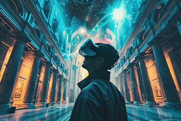 Poster - Man in VR headset, neon-lit environment, futuristic tour guide leading virtual journey through historical landmarks, defying time and space