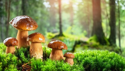 wet from the rain beautiful mushrooms in the green summer forest creative banner copyspace image