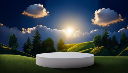 Wall Mural - paper cut of summer season on green nature landscape sun and clouds on blue sky background with white cylinder podium for your products display presentation