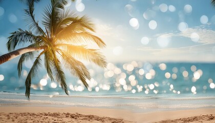 Wall Mural - abstract seascape with palm tree tropical beach background blur bokeh light of calm sea and sky summertime vacation background concept