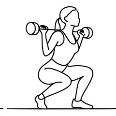 Wall Mural - Simple one line vector drawing of a girl, woman squatting with dumbbells on her shoulders