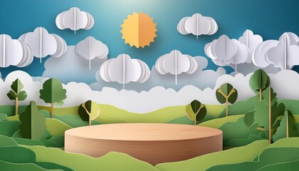 Wall Mural - paper cut of summer season on green nature landscape sun and clouds on blue sky background with wood cylinder podium for your products display presentation