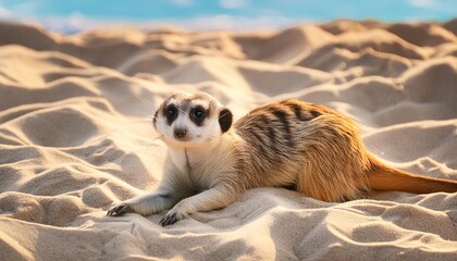 Wall Mural - cute meerkat relaxes on a sandy beach funny summer vacation image