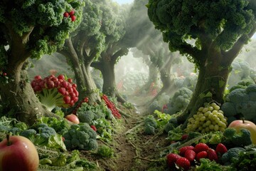 Vegetable-crafted whimsical forest scene, mystic forest made of fruits and vegetables