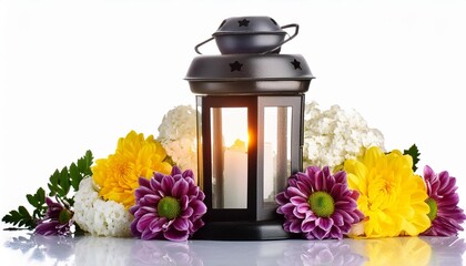 Wall Mural - grave candle lantern with flowers isolated on white