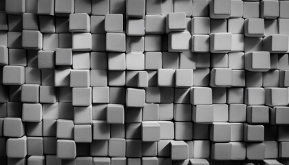 Wall Mural - a black and white photo of a wall made of gray blocks the blocks are arranged in a grid pattern with some of them slightly overlapping the photo has a minimalist and modern feel to it