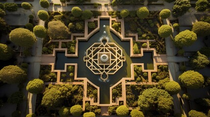 Intricate symmetrical garden maze, aerial view of the geometric beauty of an Islamic garden during spring