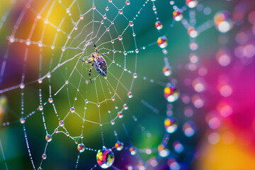 Macro shot of dew on a spider web, emphasizing the geometric structure and glistening droplets