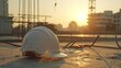 © Damerfie - A white hard hat resting on a construction site ground with visible rebar and city buildings in the background at sunrise, capturing the start of an industrious day.