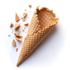 Broken Ice Cream Cone on White Background. Generative AI