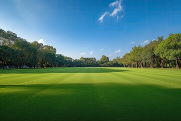 Poster - a green field with trees and a blue sky, panoramic view of large, well-maintained cricket field