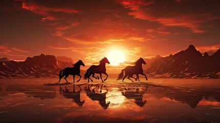 Wall Mural - a blue and orange spiral design on a black background, Arabian horses galloping freely in spectacular desert sunset