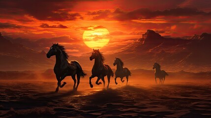 Leinwandbilder - a blue and orange spiral design on a black background, Arabian horses galloping freely in spectacular desert sunset