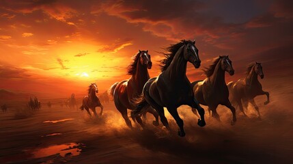 Leinwandbilder - a blue and orange spiral design on a black background, Arabian horses galloping freely in spectacular desert sunset