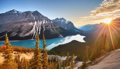 Wall Mural - bow lake alberta canada mountain landscape at dawn sunbeams in a valley