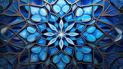 Aufkleber - a blue stained glass wall with a flower, rendition of Islamic geometric patterns and arabesque with cool blue color palate