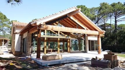 A modern residential house under construction, displaying its wooden framework and partially completed structure against a backdrop of trees and clear sky.