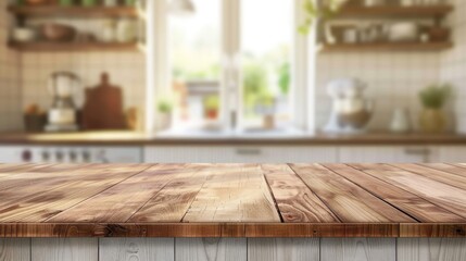 Poster - Empty kitchen table top with space for products or decor and blurred furniture background