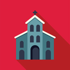 Sticker - Small church building with cross standing with long shadow, religious christian architecture