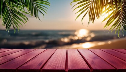 Wall Mural - top of wood table with seascape and palm leaves blur bokeh light of calm sea and sky at tropical beach background empty ready for your product display montage summer vacation background concept