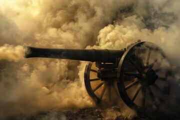 Cannon Fire. Vintage Military Warfare Explosion with Smoke and Blast