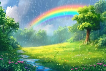 Wall Mural - a rainbow over a green field with trees, vibrant rainbow arching over soft rainfall in lush green field